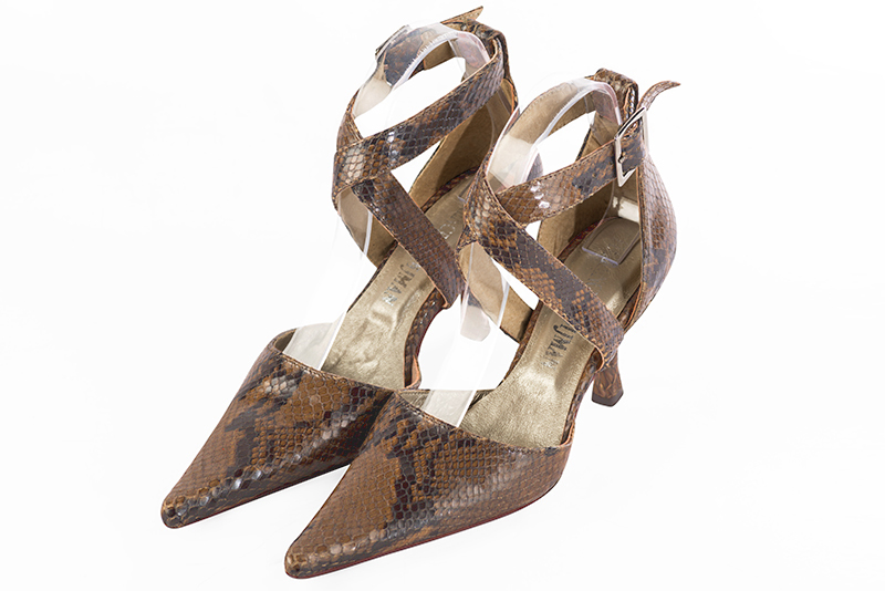 Chocolate brown women's open side shoes, with crossed straps. Pointed toe. High slim heel - Florence KOOIJMAN